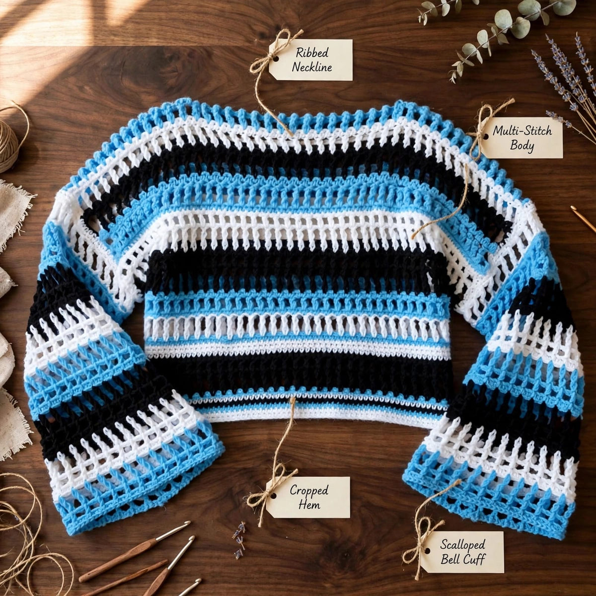 Handmade Crochet High-Low Crop Top with Bell Sleeves in Blue, Black and White