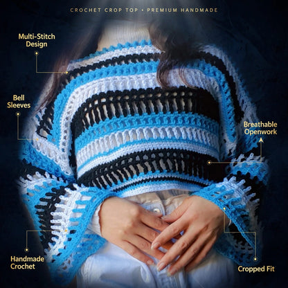 Handmade Crochet High-Low Crop Top with Bell Sleeves in Blue, Black and White