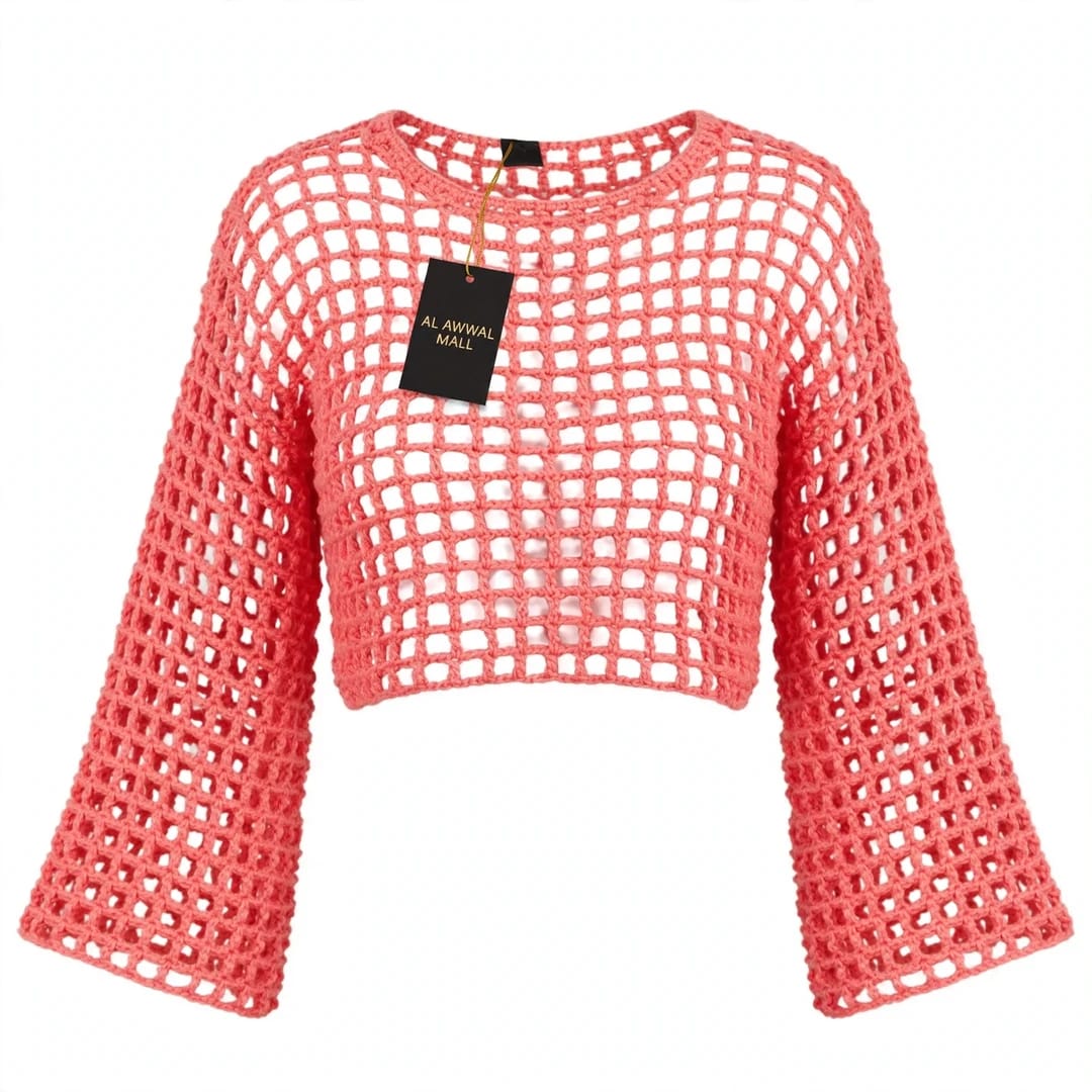Handmade Crochet Half Top with Bell Sleeves in Pink