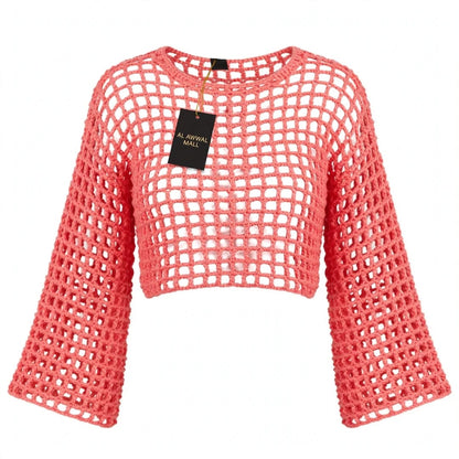 Handmade Crochet Half Top with Bell Sleeves in Pink