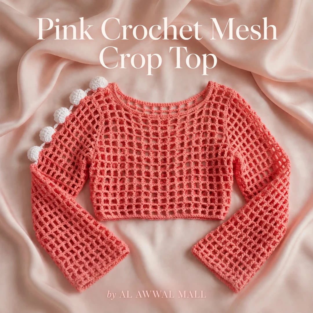 Handmade Crochet Half Top with Bell Sleeves in Pink