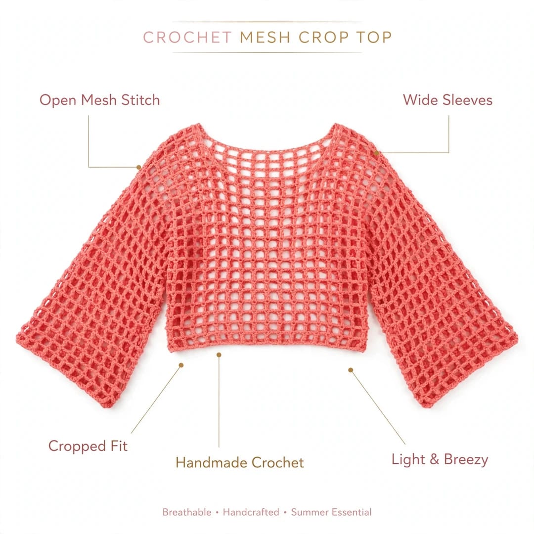 Handmade Crochet Half Top with Bell Sleeves in Pink