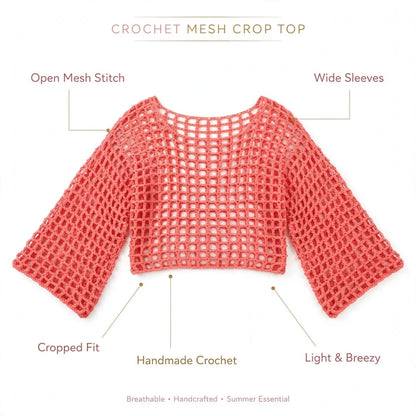 Handmade Crochet Half Top with Bell Sleeves in Pink