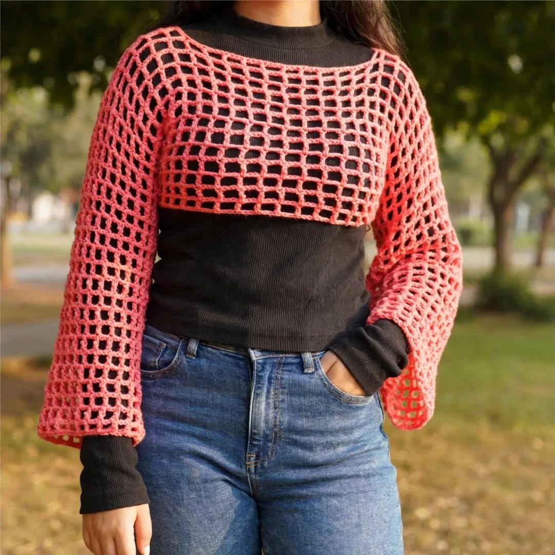 Handmade Crochet Half Top with Bell Sleeves in Pink