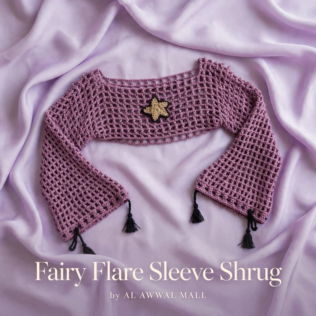 Handmade Crochet Half Top with Bell Sleeves and Starfish Tag in Purple
