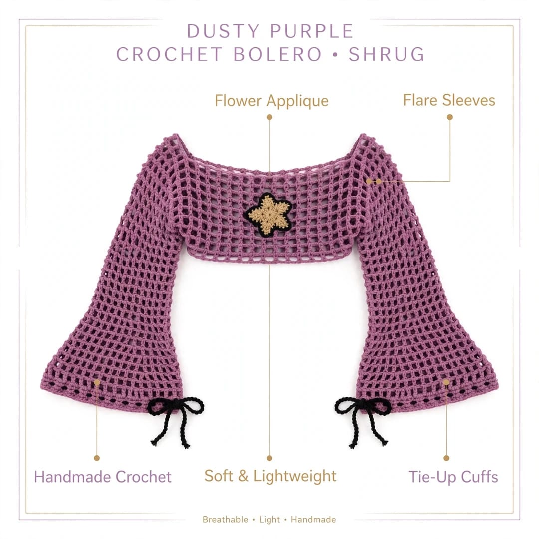 Handmade Crochet Half Top with Bell Sleeves and Starfish Tag in Purple