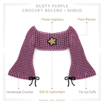 Handmade Crochet Half Top with Bell Sleeves and Starfish Tag in Purple