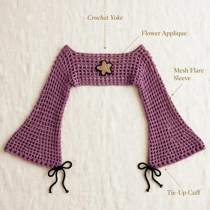 Handmade Crochet Half Top with Bell Sleeves and Starfish Tag in Purple