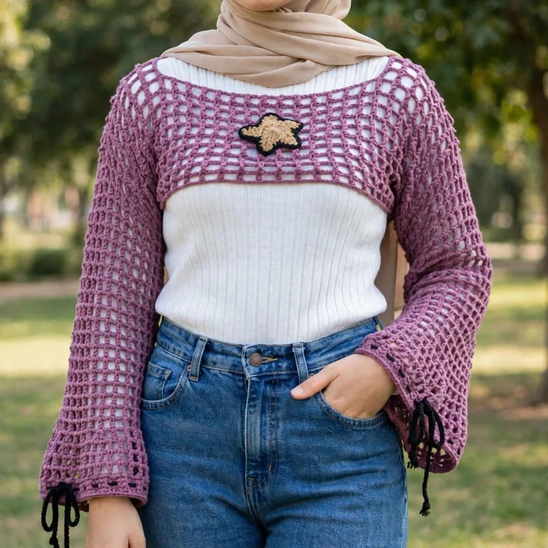 Handmade Crochet Half Top with Bell Sleeves and Starfish Tag in Purple