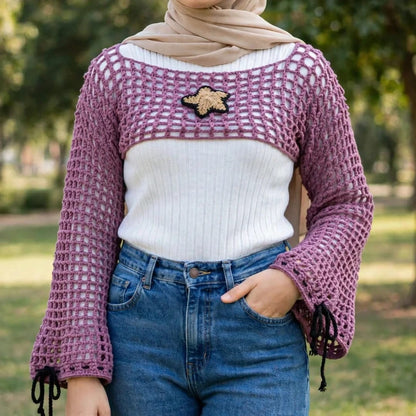 Handmade Crochet Half Top with Bell Sleeves and Starfish Tag in Purple