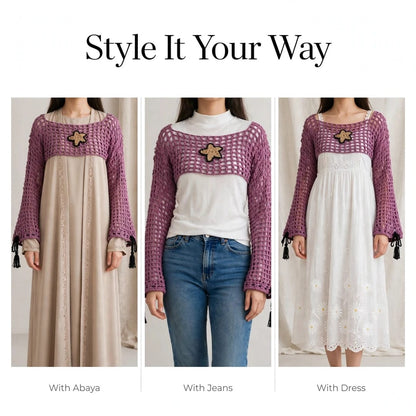 Handmade Crochet Half Top with Bell Sleeves and Starfish Tag in Purple