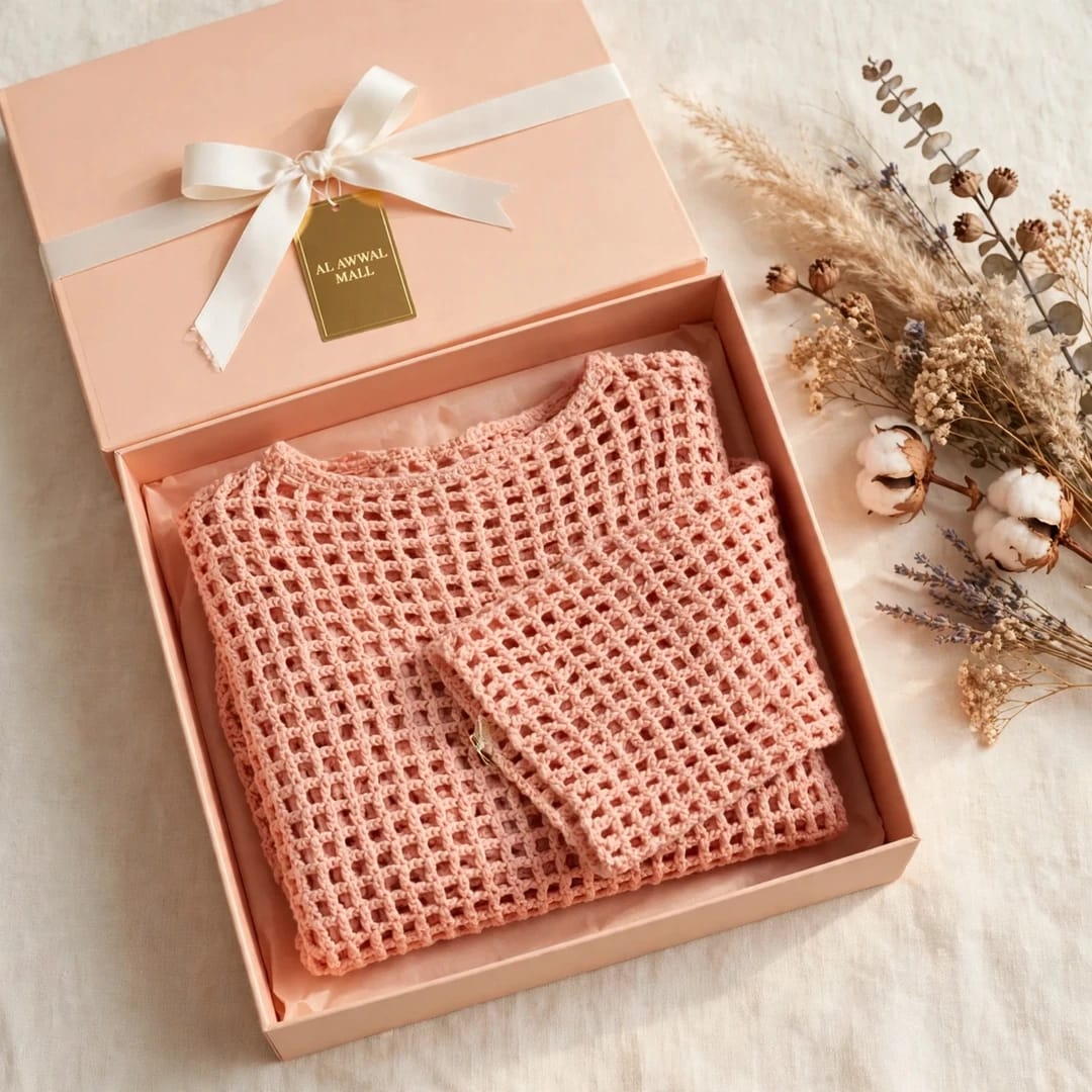 Handmade Crochet Top with Long Sleeves in Peach