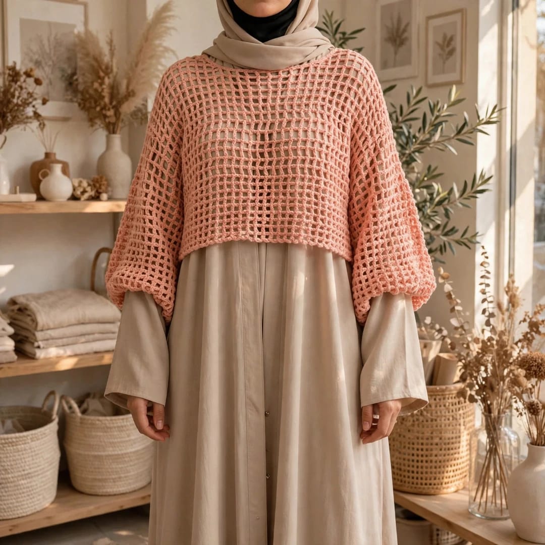 Handmade Crochet Top with Long Sleeves in Peach