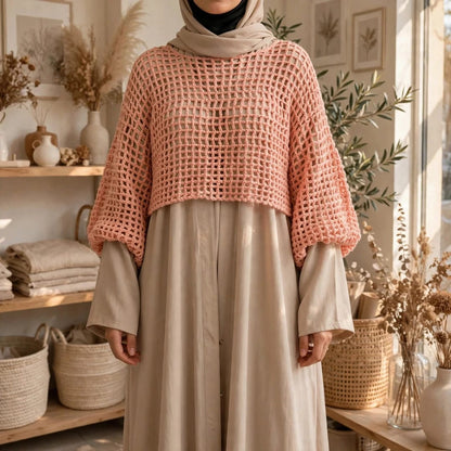 Handmade Crochet Top with Long Sleeves in Peach