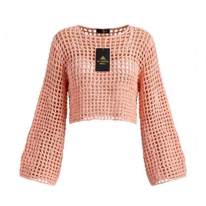 Handmade Crochet Top with Long Sleeves in Peach