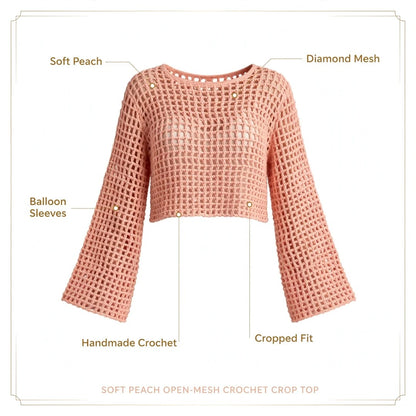 Handmade Crochet Top with Long Sleeves in Peach