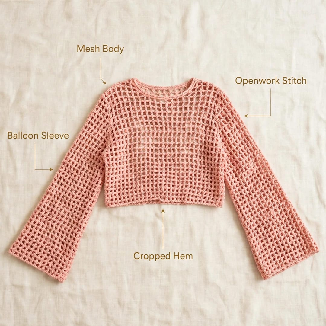 Handmade Crochet Top with Long Sleeves in Peach