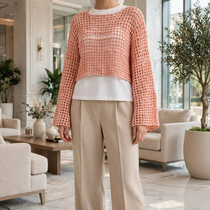 Handmade Crochet Top with Long Sleeves in Peach