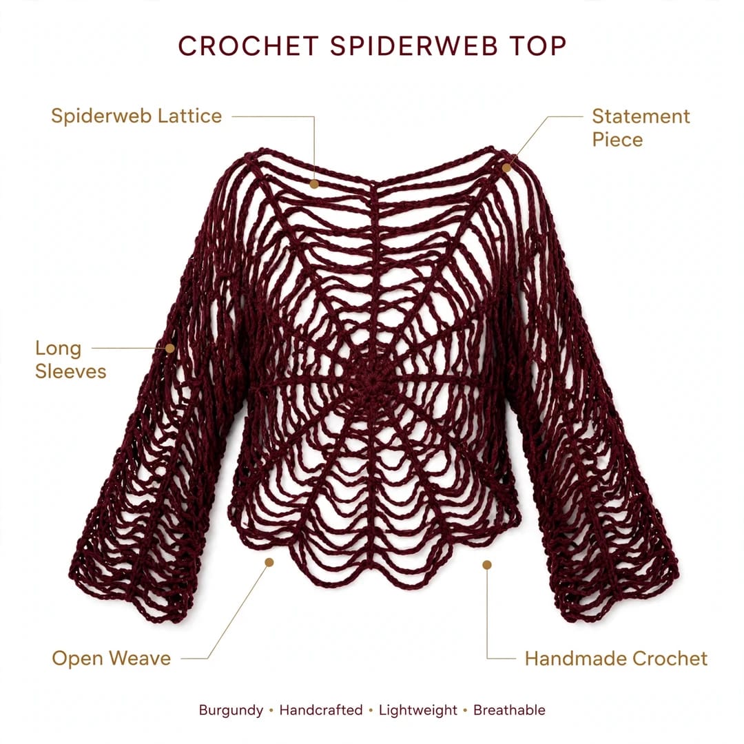 Handmade Crochet Top with Spider Web Design and Long Sleeves in Maroon