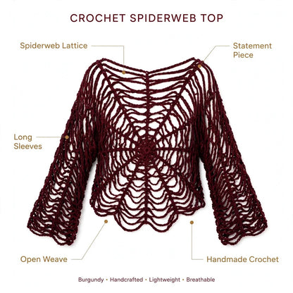 Handmade Crochet Top with Spider Web Design and Long Sleeves in Maroon