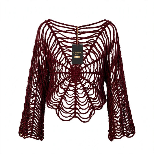Handmade Crochet Top with Spider Web Design and Long Sleeves in Maroon