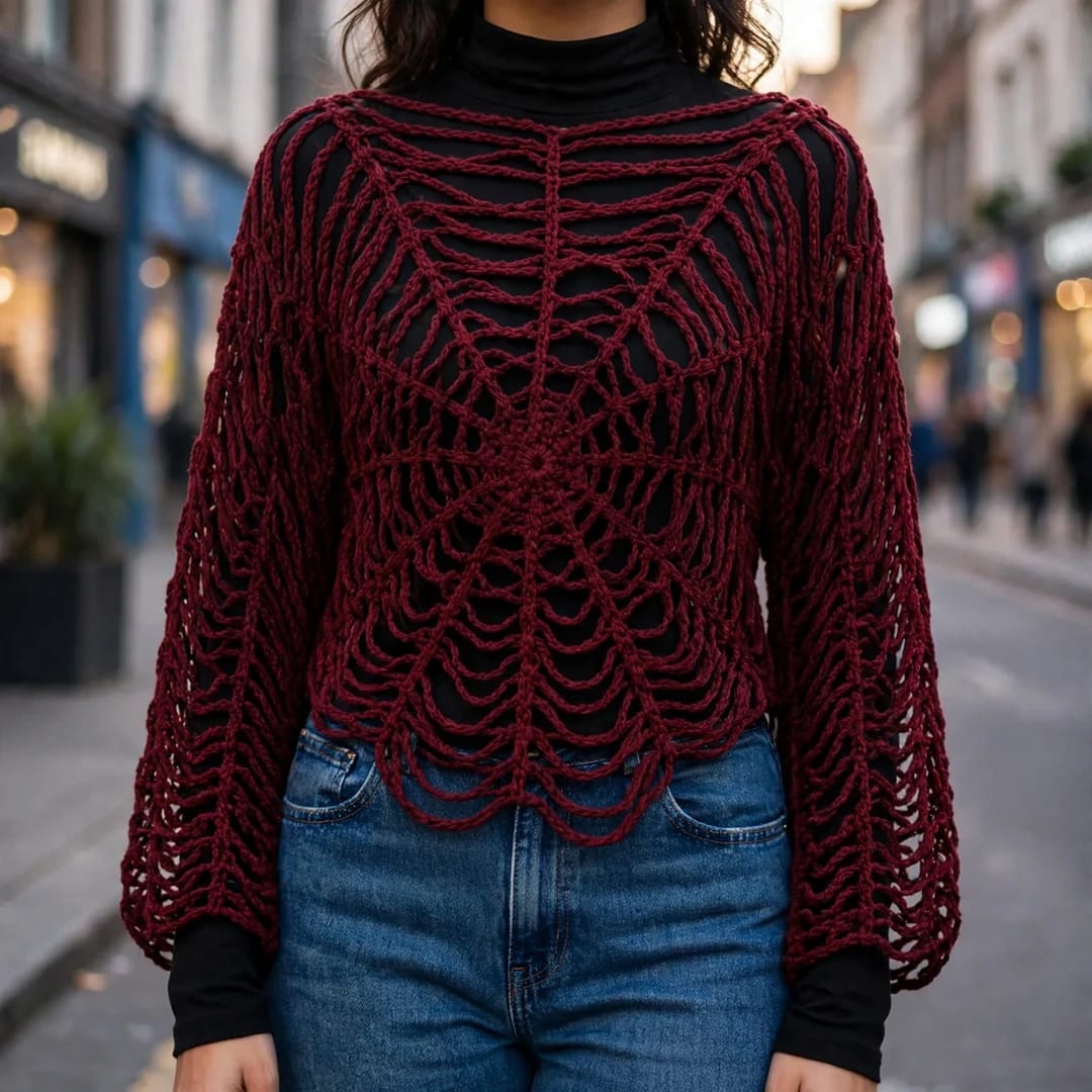 Handmade Crochet Top with Spider Web Design and Long Sleeves in Maroon