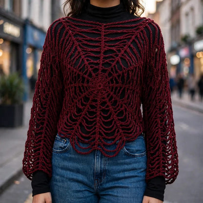 Handmade Crochet Top with Spider Web Design and Long Sleeves in Maroon