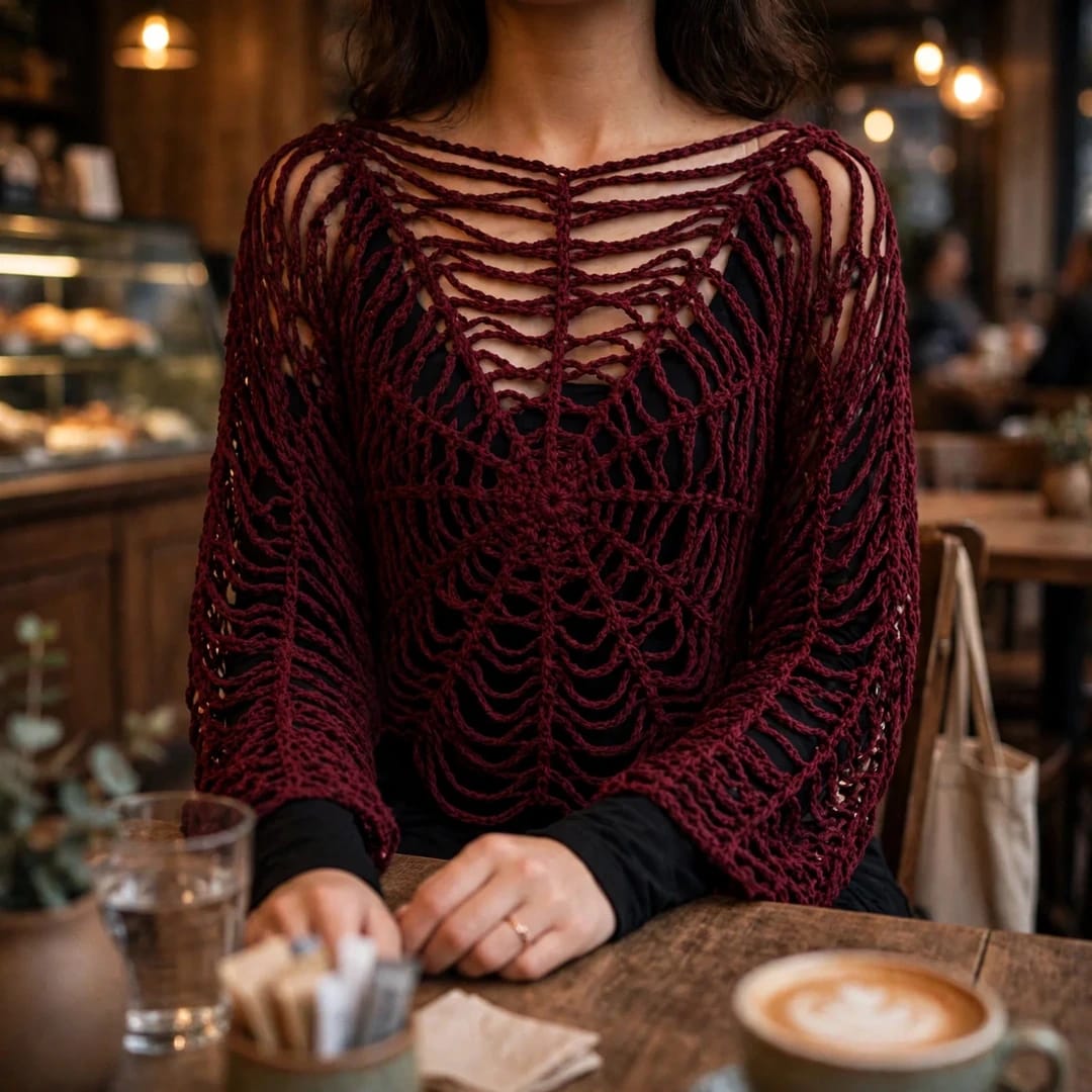 Handmade Crochet Top with Spider Web Design and Long Sleeves in Maroon
