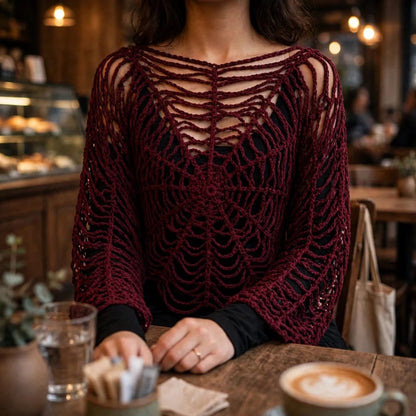 Handmade Crochet Top with Spider Web Design and Long Sleeves in Maroon