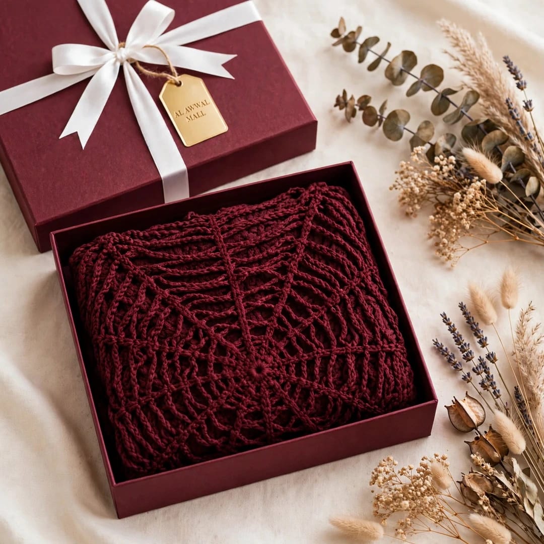 Handmade Crochet Top with Spider Web Design and Long Sleeves in Maroon