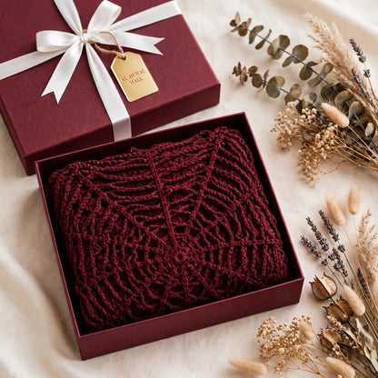 Handmade Crochet Top with Spider Web Design and Long Sleeves in Maroon