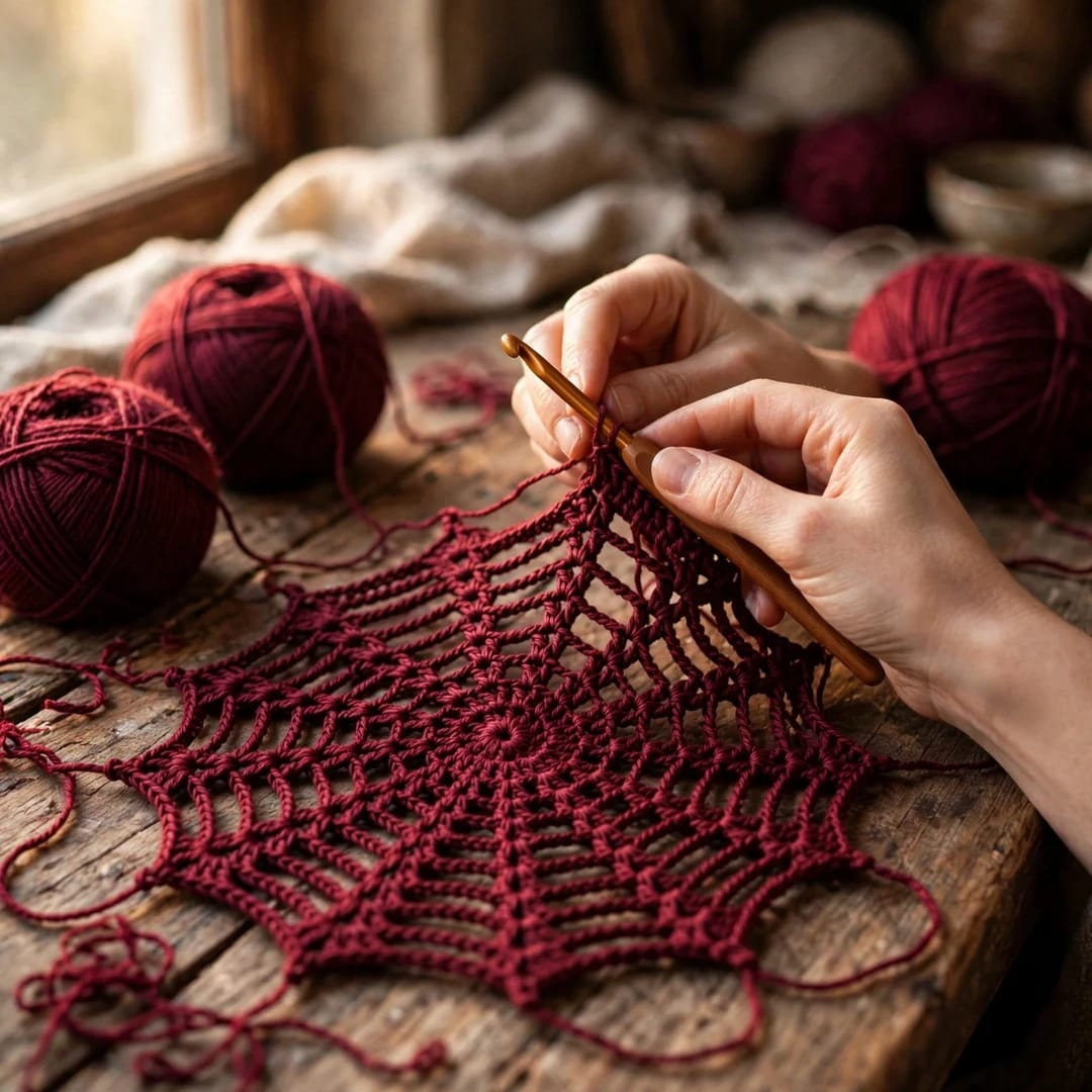 Handmade Crochet Top with Spider Web Design and Long Sleeves in Maroon