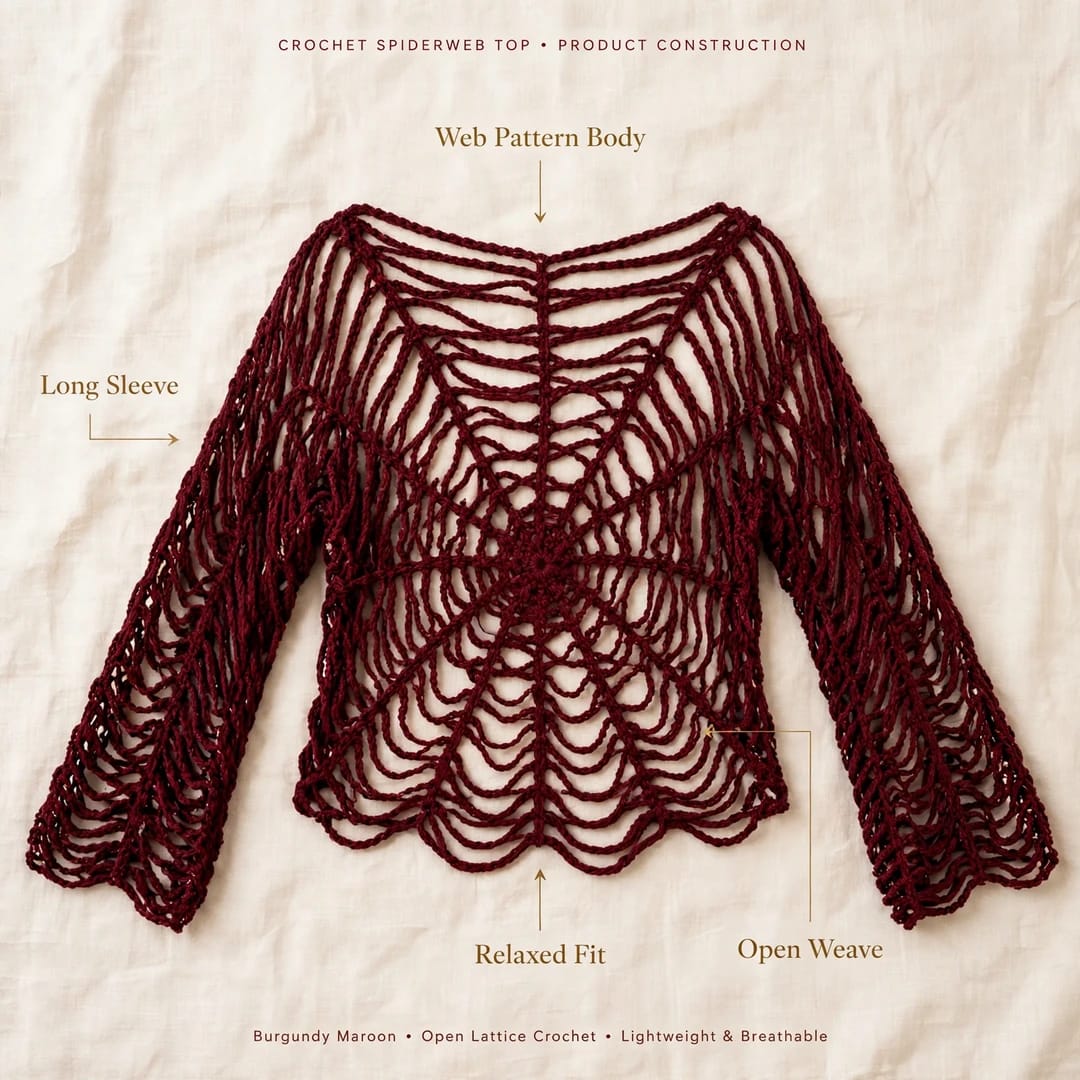Handmade Crochet Top with Spider Web Design and Long Sleeves in Maroon