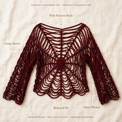 Handmade Crochet Top with Spider Web Design and Long Sleeves in Maroon
