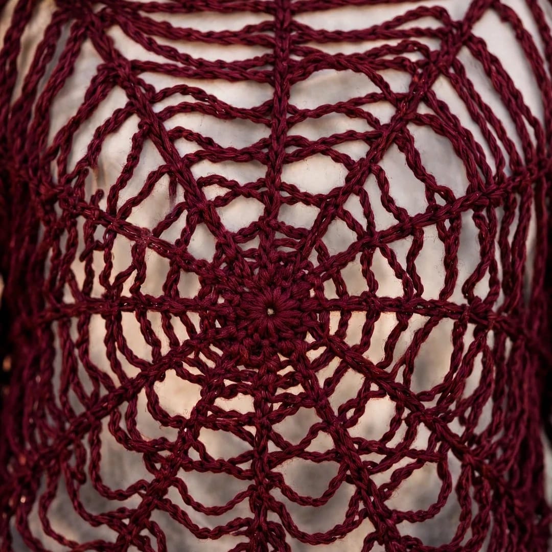 Handmade Crochet Top with Spider Web Design and Long Sleeves in Maroon