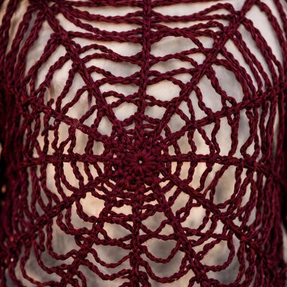 Handmade Crochet Top with Spider Web Design and Long Sleeves in Maroon