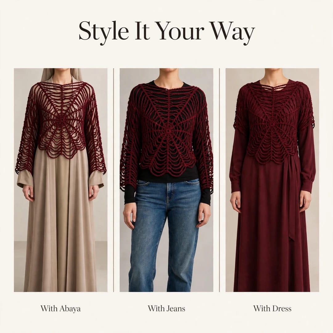 Handmade Crochet Top with Spider Web Design and Long Sleeves in Maroon