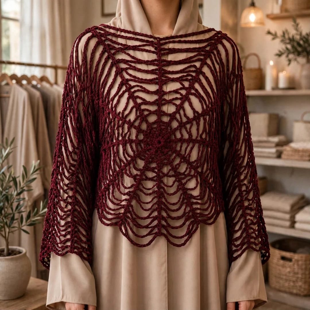 Handmade Crochet Top with Spider Web Design and Long Sleeves in Maroon