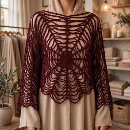 Handmade Crochet Top with Spider Web Design and Long Sleeves in Maroon