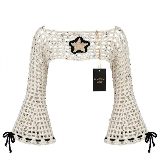 Handmade Crochet High-Low Top with Bell Sleeves and Starfish Tag in Cream