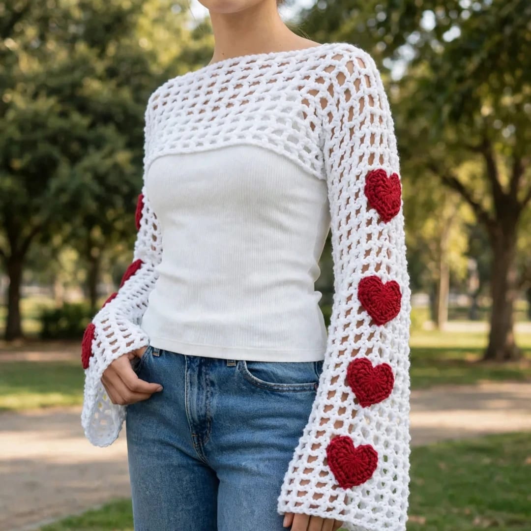 Handmade Crochet White Half Top with Bell Sleeves and Heart Motifs