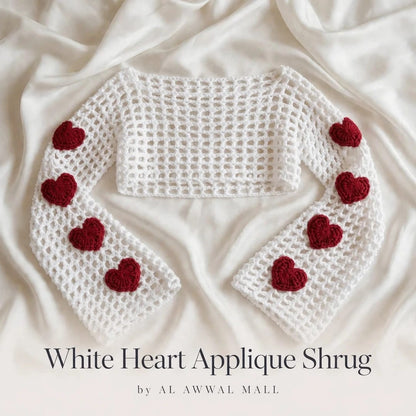 Handmade Crochet White Half Top with Bell Sleeves and Heart Motifs