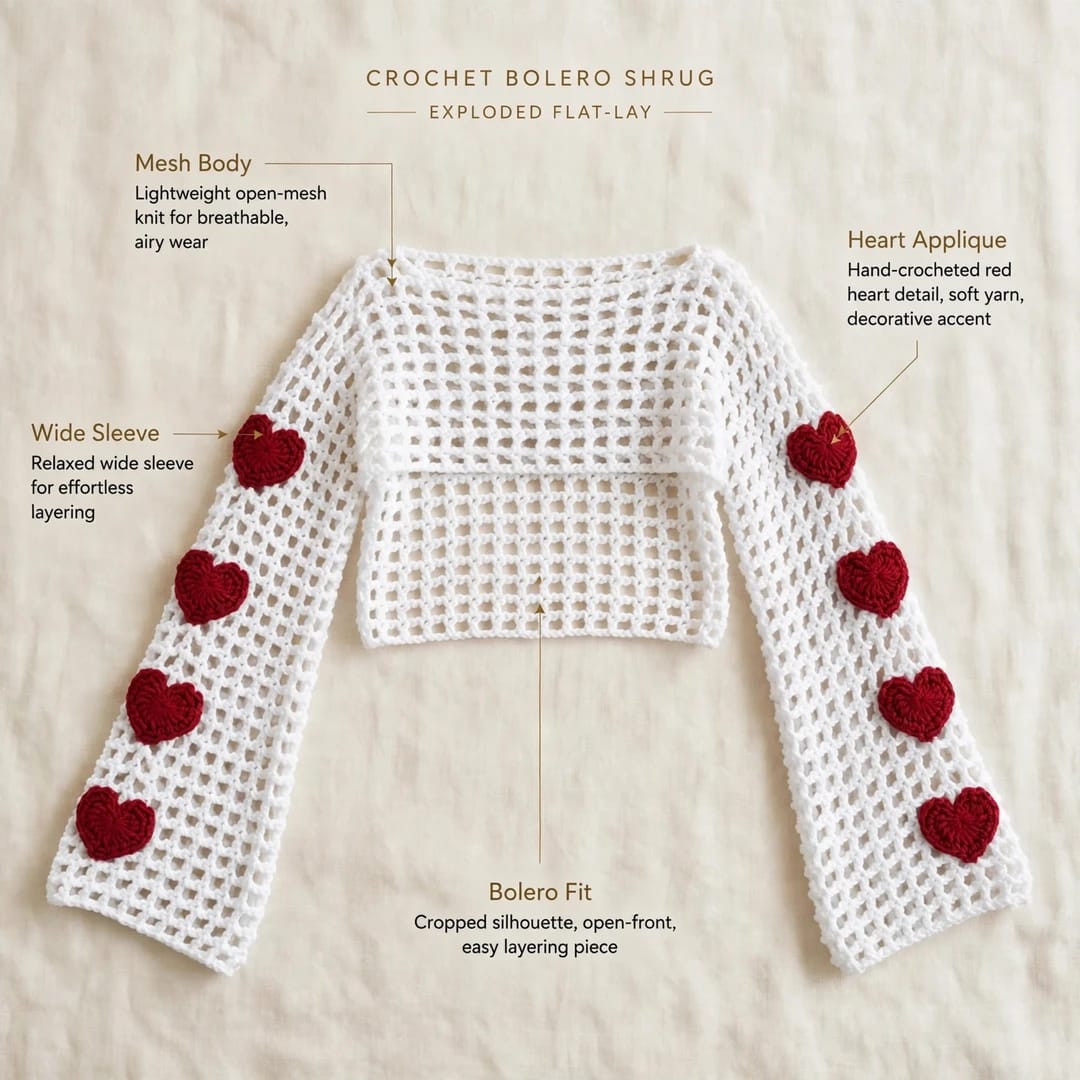 Handmade Crochet White Half Top with Bell Sleeves and Heart Motifs