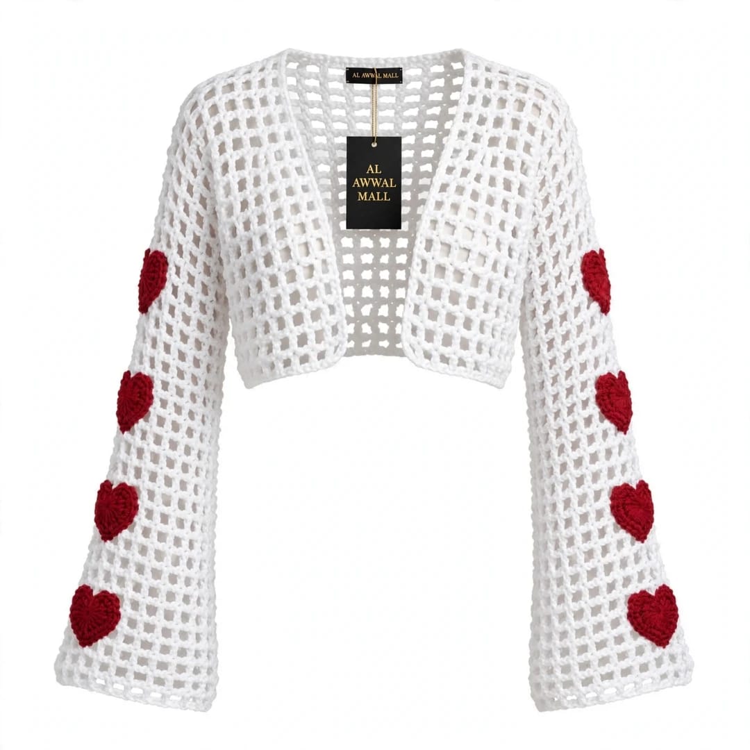 Handmade Crochet White Half Top with Bell Sleeves and Heart Motifs