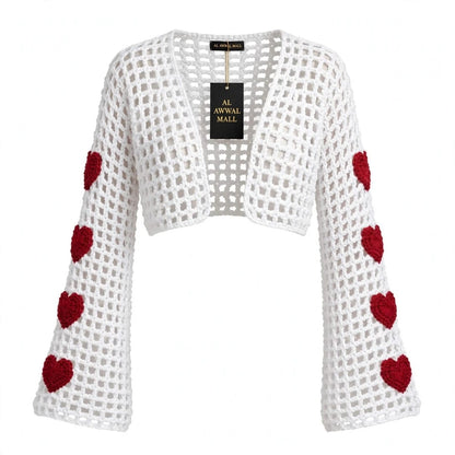 Handmade Crochet White Half Top with Bell Sleeves and Heart Motifs