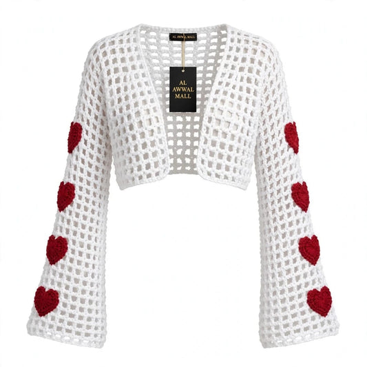 Handmade Crochet White Half Top with Bell Sleeves and Heart Motifs
