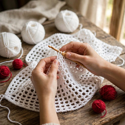 Handmade Crochet White Half Top with Bell Sleeves and Heart Motifs