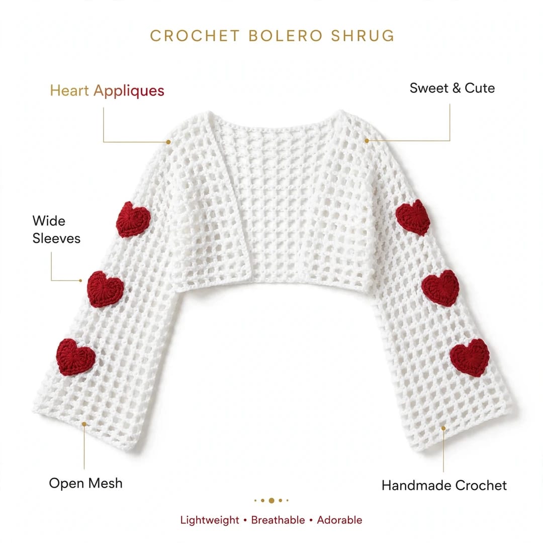 Handmade Crochet White Half Top with Bell Sleeves and Heart Motifs