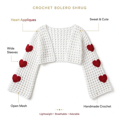 Handmade Crochet White Half Top with Bell Sleeves and Heart Motifs