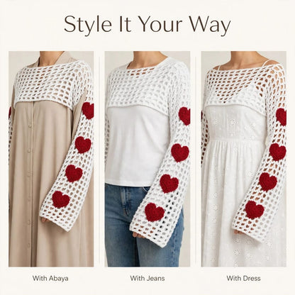 Handmade Crochet White Half Top with Bell Sleeves and Heart Motifs